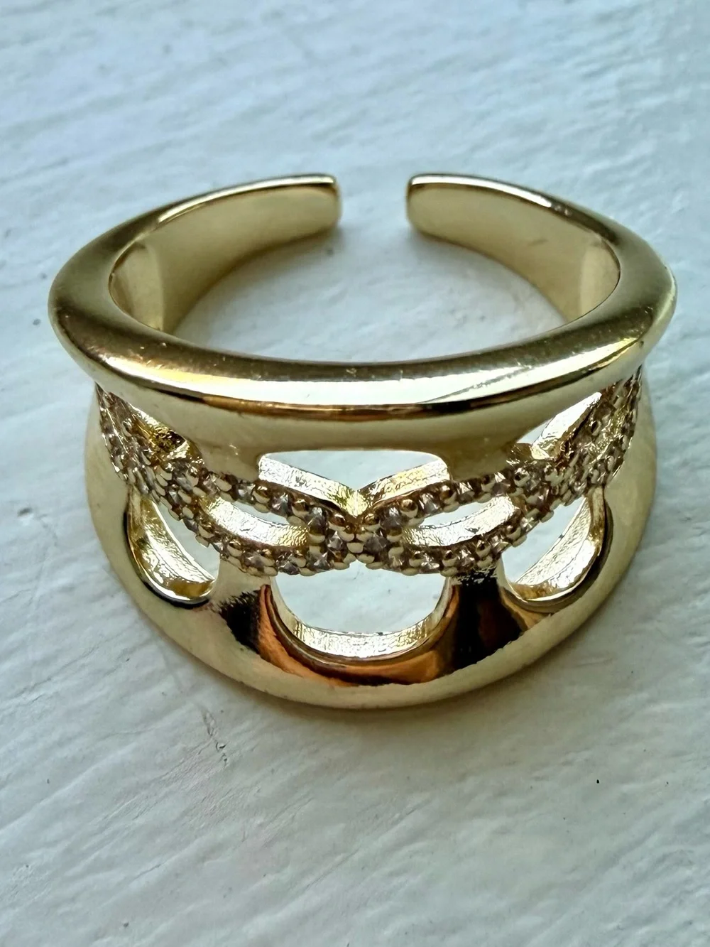 NEW! 18k Yellow Gold Plated Openwork Link CZ Accent Wide Band Ring